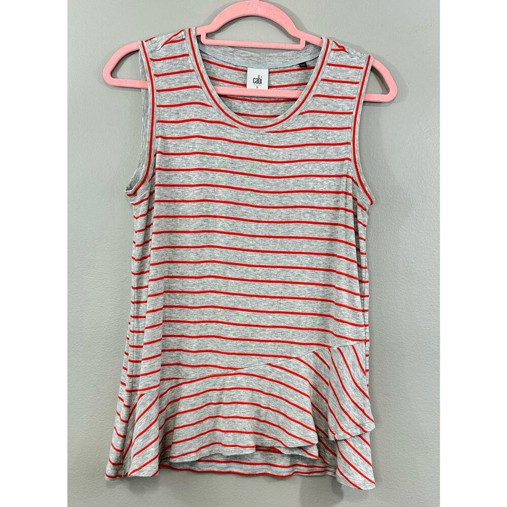 CAbi 5331 Ruffle Tank Gray Orange Striped Asymmetric Hem Sleeveless Top Sz S